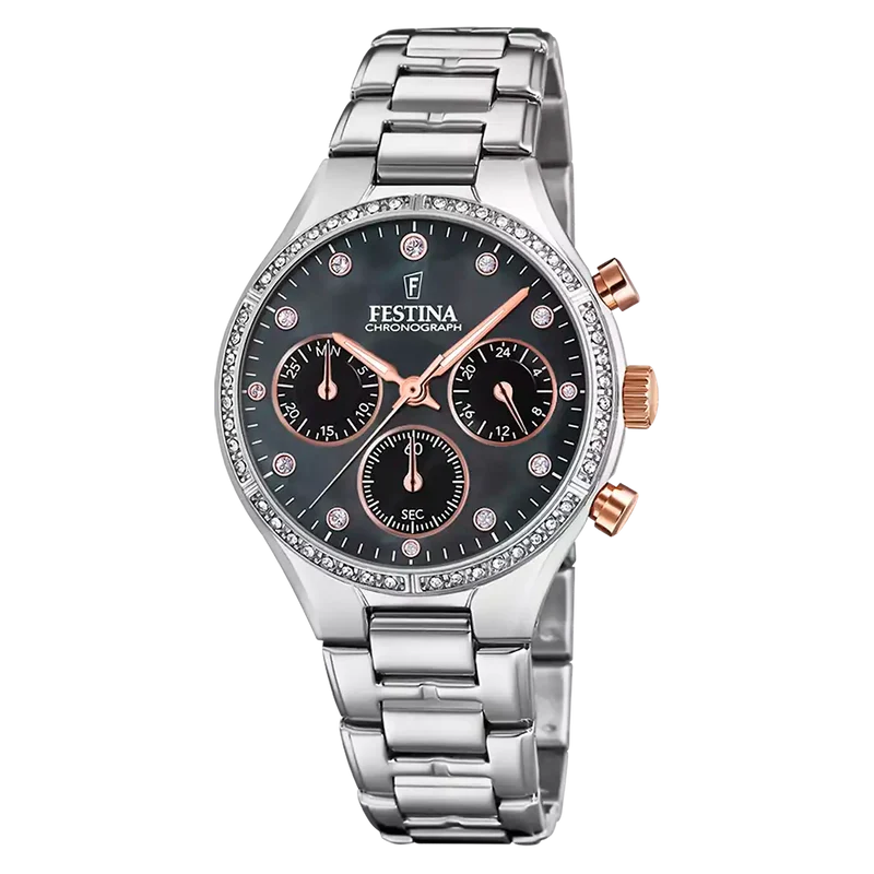 Festina Boyfriend F20401/4 Damen Armbanduhr • Chronograph • Zirkonia-besetztes Edelstahlgehäuse