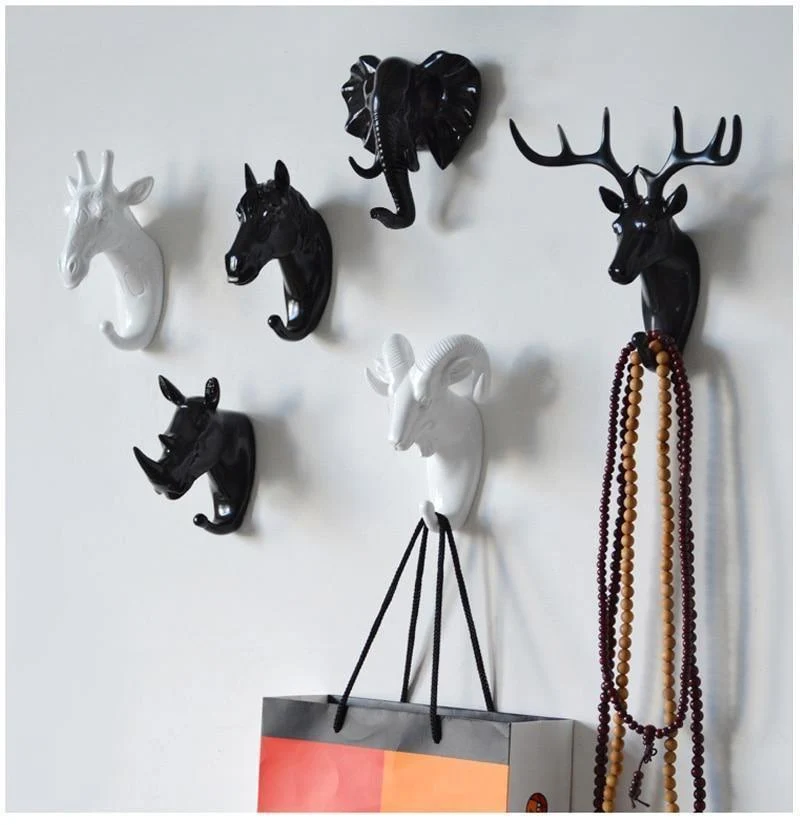 Decoratieve Dierenkop Wandhaak in Goud Wit Zwart voor Sleutels Tassen Handdoeken | Giraffehaak Olifanthaak Neushoornhaak Hert Ram Paard | Gietijzer Wanddecoratie Hal Badkamer Slaapkamer | Sansoti