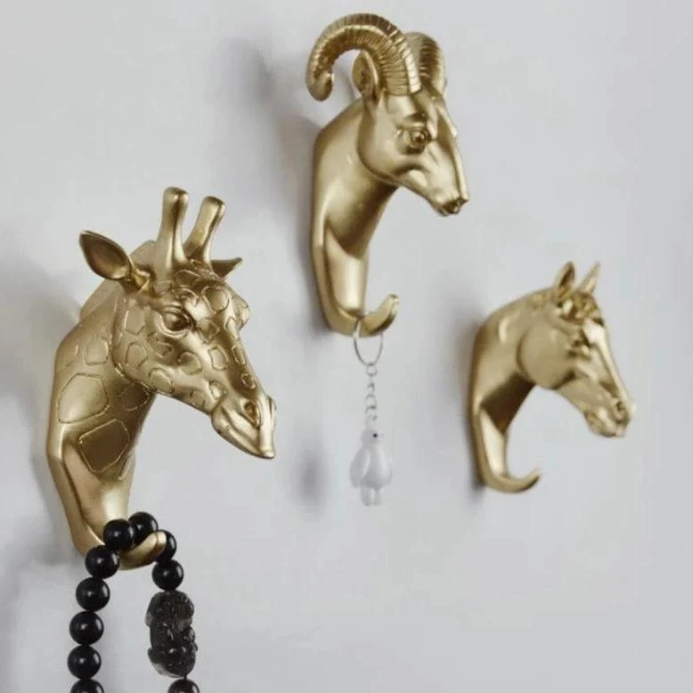 Decoratieve Dierenkop Wandhaak in Goud Wit Zwart voor Sleutels Tassen Handdoeken | Giraffehaak Olifanthaak Neushoornhaak Hert Ram Paard | Gietijzer Wanddecoratie Hal Badkamer Slaapkamer | Sansoti