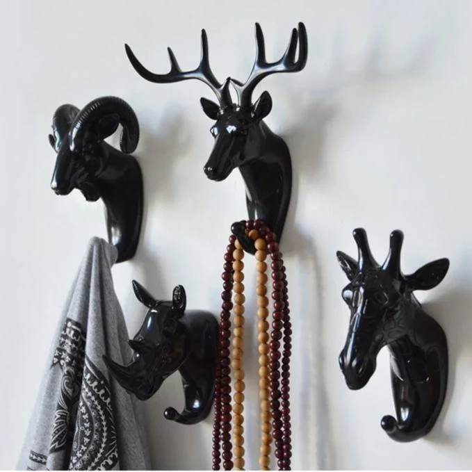Decoratieve Dierenkop Wandhaak in Goud Wit Zwart voor Sleutels Tassen Handdoeken | Giraffehaak Olifanthaak Neushoornhaak Hert Ram Paard | Gietijzer Wanddecoratie Hal Badkamer Slaapkamer | Sansoti