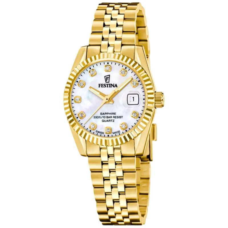Festina Classic Swiss Made F20089/1 Damenuhr • Saphirglas • Edelstahlarmband Gold