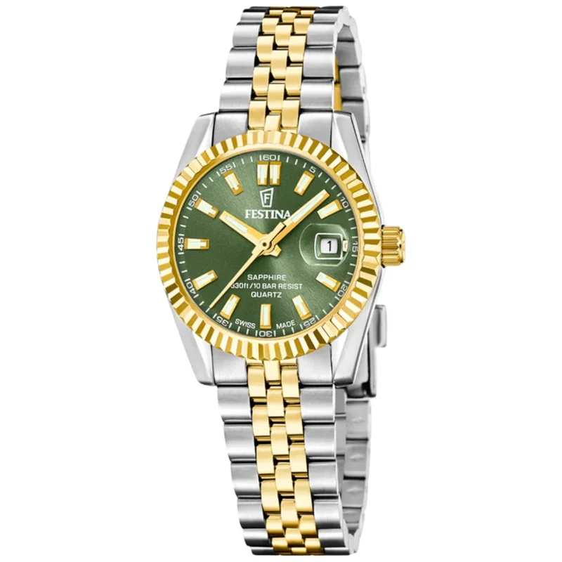 Festina Swiss Made Classic Steel F20088/4 Damenuhr Bicolor/Moosgrün • Saphirglas • Swiss Made