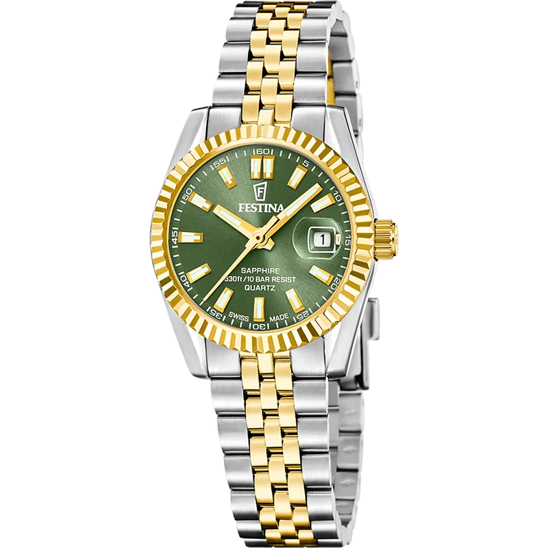Festina Swiss Made Classic Steel F20088/4 Damenuhr Bicolor/Moosgrün • Saphirglas • Swiss Made
