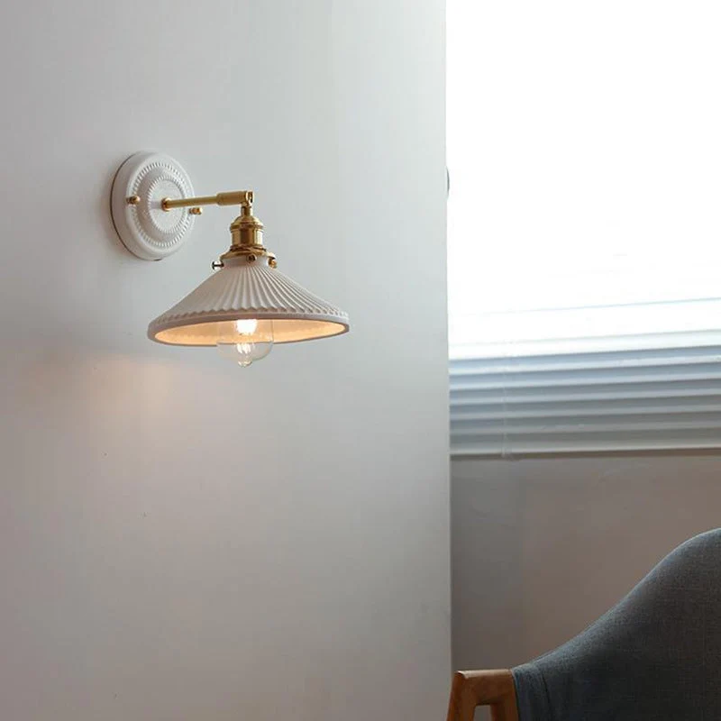 Wandlamp Vintage Plissé Kap Messing Arm Keramiek Slaapkamer Woonkamer Studeerkamer Sfeerverlichting Retro | Sansoti