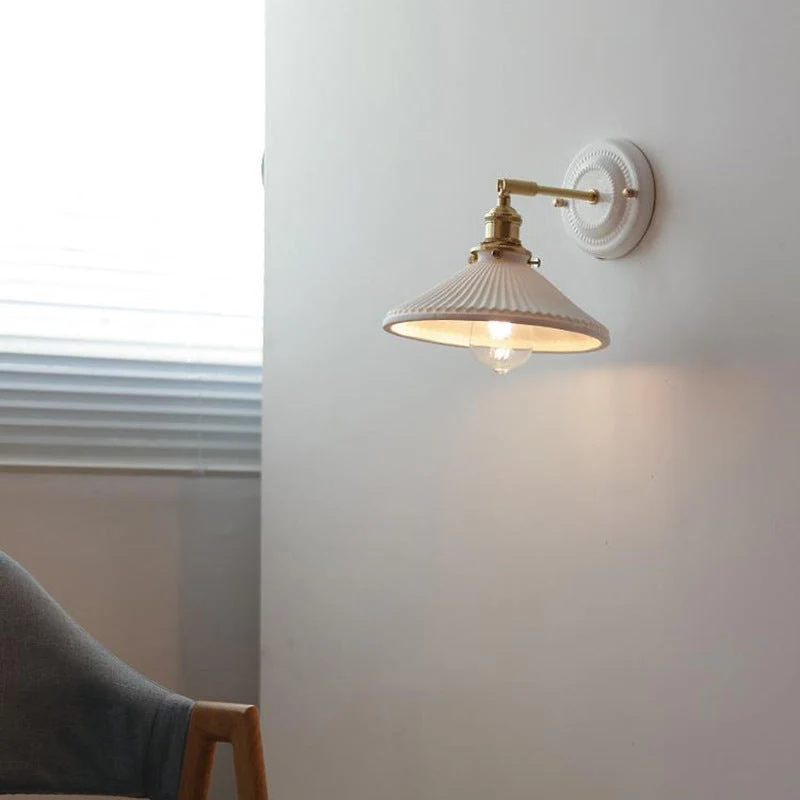 Wandlamp Vintage Plissé Kap Messing Arm Keramiek Slaapkamer Woonkamer Studeerkamer Sfeerverlichting Retro | Sansoti