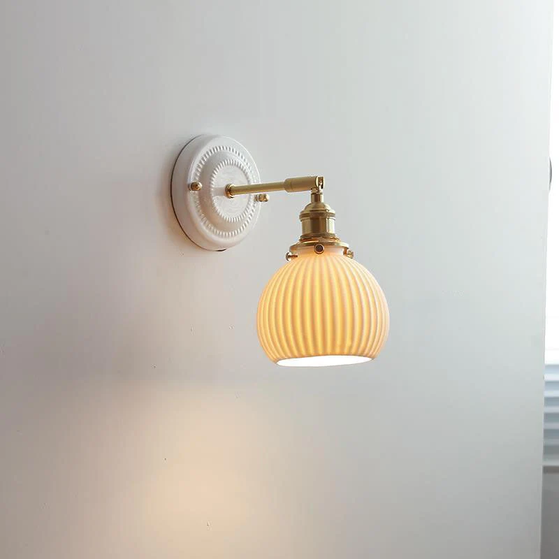 Wandlamp Vintage Plissé Kap Messing Arm Keramiek Slaapkamer Woonkamer Studeerkamer Sfeerverlichting Retro | Sansoti