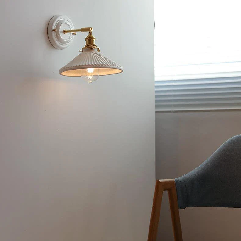 Wandlamp Vintage Plissé Kap Messing Arm Keramiek Slaapkamer Woonkamer Studeerkamer Sfeerverlichting Retro | Sansoti