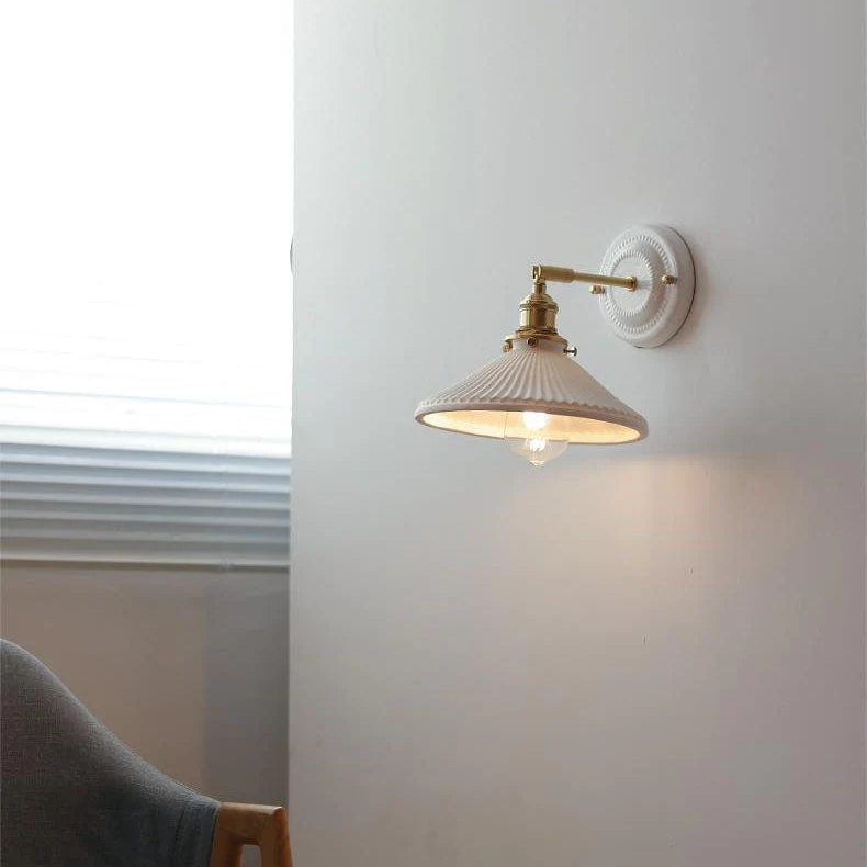 Wandlamp Vintage Plissé Kap Messing Arm Keramiek Slaapkamer Woonkamer Studeerkamer Sfeerverlichting Retro | Sansoti