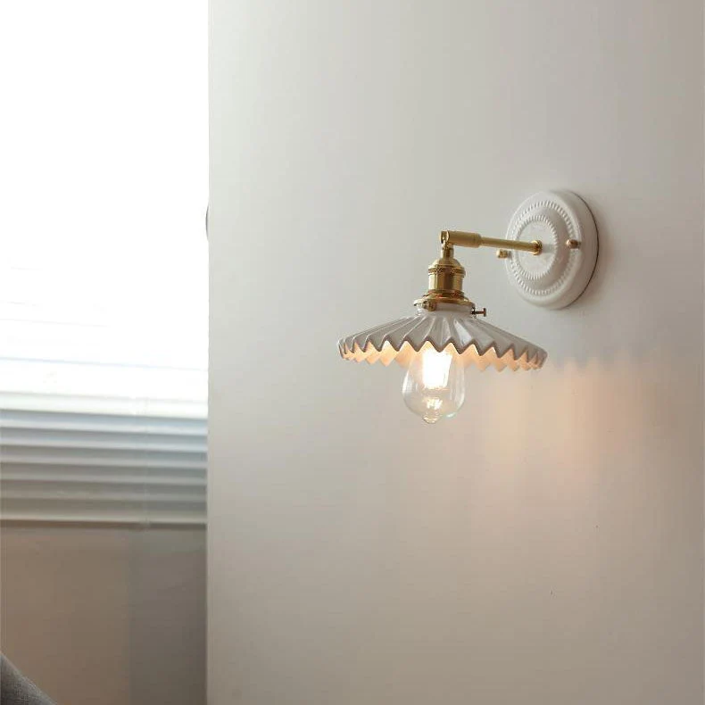Wandlamp Vintage Plissé Kap Messing Arm Keramiek Slaapkamer Woonkamer Studeerkamer Sfeerverlichting Retro | Sansoti