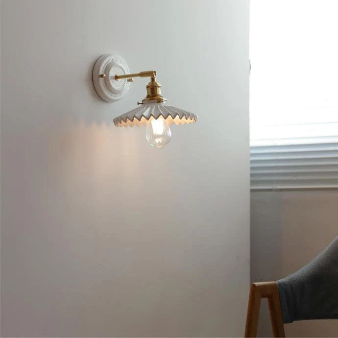 Wandlamp Vintage Plissé Kap Messing Arm Keramiek Slaapkamer Woonkamer Studeerkamer Sfeerverlichting Retro | Sansoti