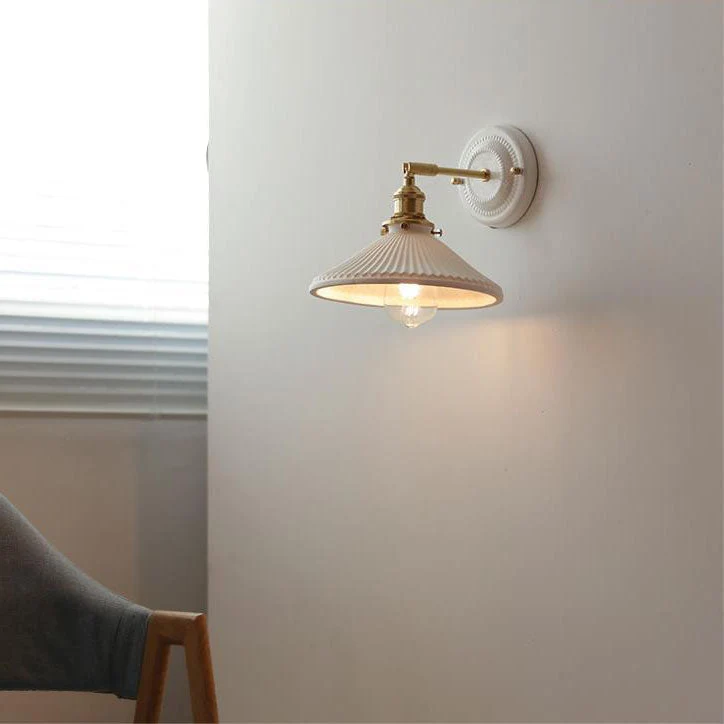 Wandlamp Vintage Plissé Kap Messing Arm Keramiek Slaapkamer Woonkamer Studeerkamer Sfeerverlichting Retro | Sansoti