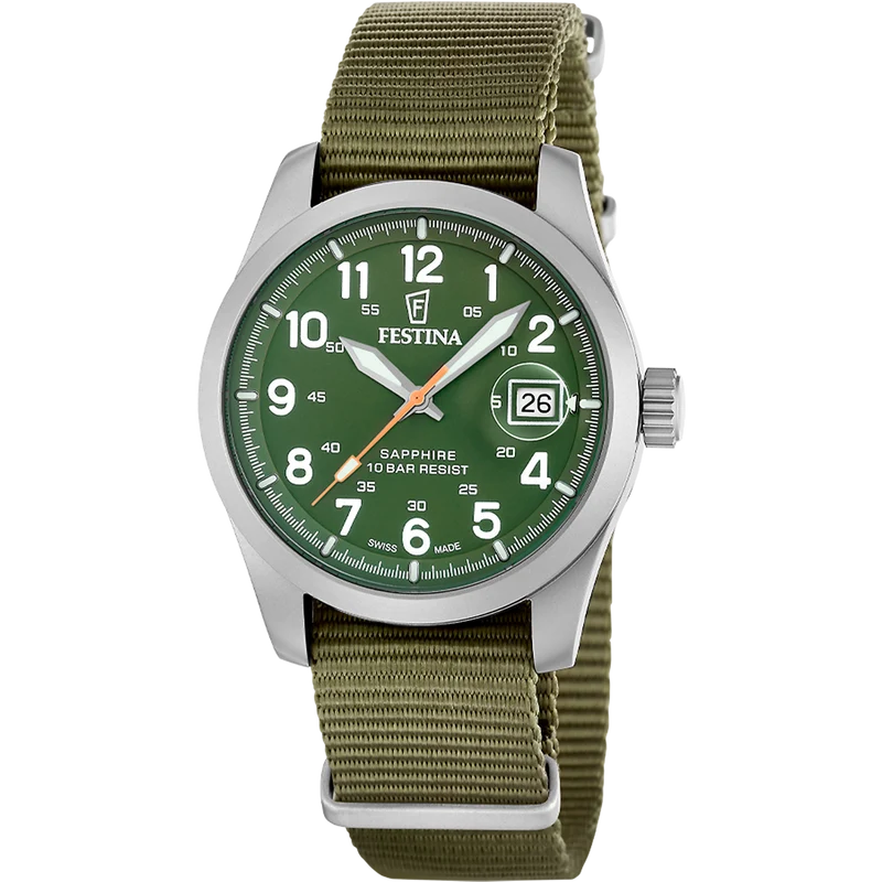 Festina Swiss Made Field F20082/2 Herrenuhr Grün • Saphirglas mit Entspiegelung • Super-LumiNova & 10 ATM