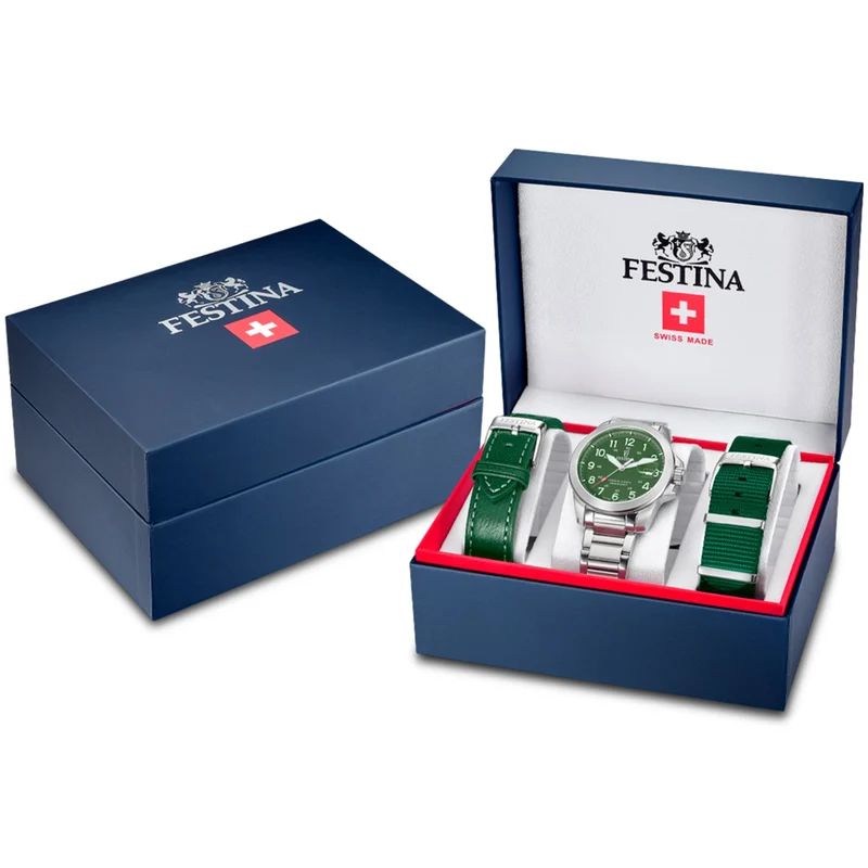 Festina Swiss Made Field F20081/3 Herrenuhr • Saphirglas mit Entspiegelung • 3 Wechselarmbänder