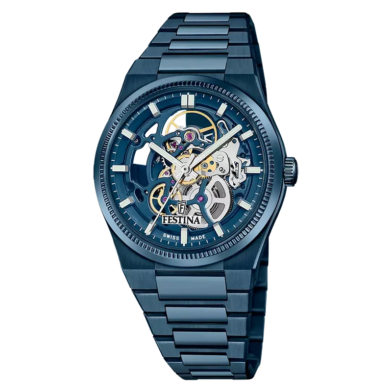 Festina Swiss Made Rivé Sq F20071/1 Herren Automatikuhr Blau • Saphirglas • Sichtbares Automatikwerk
