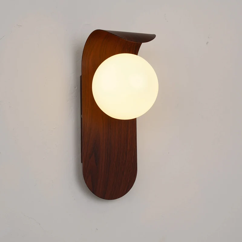 Wandlamp met Bol Kap G9 Fitting Walnoot Hout LED Verlichting Slaapkamer Gang Traphal Warm Licht Japandi Stijl | Sansoti