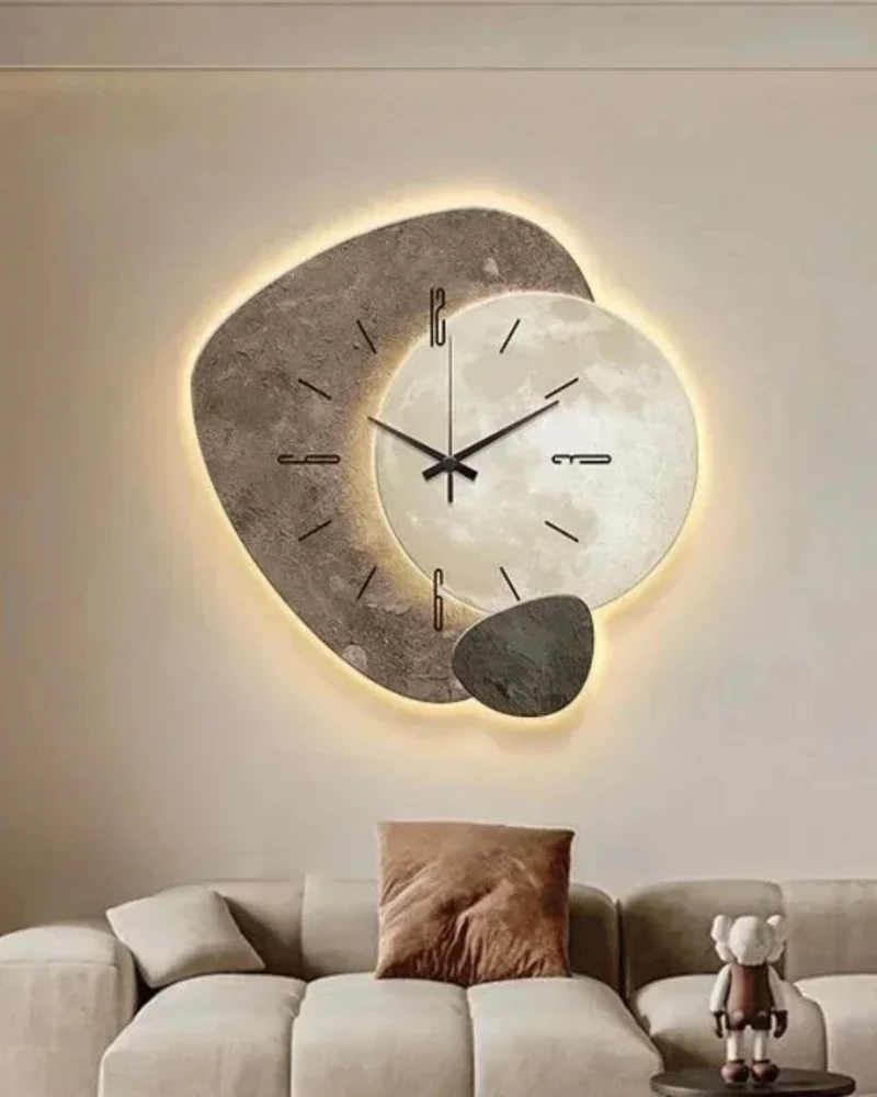 Wandklok met Maanreliëf en Optionele Verlichting Zwart Goud Betonlook Scandinavisch Interieur Decoratief Tijdweergave Woonkamer Slaapkamer Kantoor Modern Minimalistisch Wanddecoratie | Sansoti