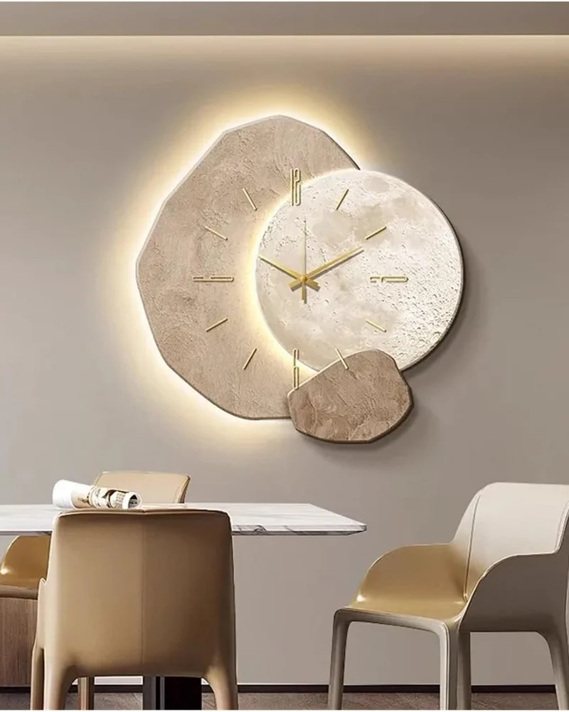 Wandklok met Maanreliëf en Optionele Verlichting Zwart Goud Betonlook Scandinavisch Interieur Decoratief Tijdweergave Woonkamer Slaapkamer Kantoor Modern Minimalistisch Wanddecoratie | Sansoti