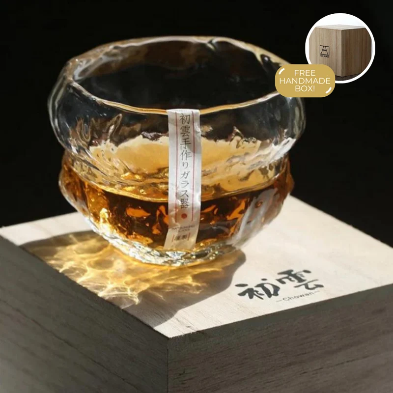 Japans Whiskeyglas met Traditioneel Mochi-Ontwerp 240ml Hittebestendig Glas Handgemaakt Dessert Cadeau Luxe Whiskyglazen Set Houten Verpakking | Sansoti