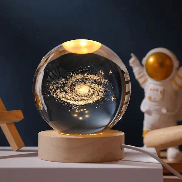 3D Glazen Bol Nachtlampje met Houtvoet USB Led Verlichting Sterrenhemel Planeet Sfeerverlichting Slaapkamer | Sansoti