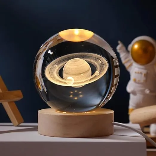 3D Glazen Bol Nachtlampje met Houtvoet USB Led Verlichting Sterrenhemel Planeet Sfeerverlichting Slaapkamer | Sansoti