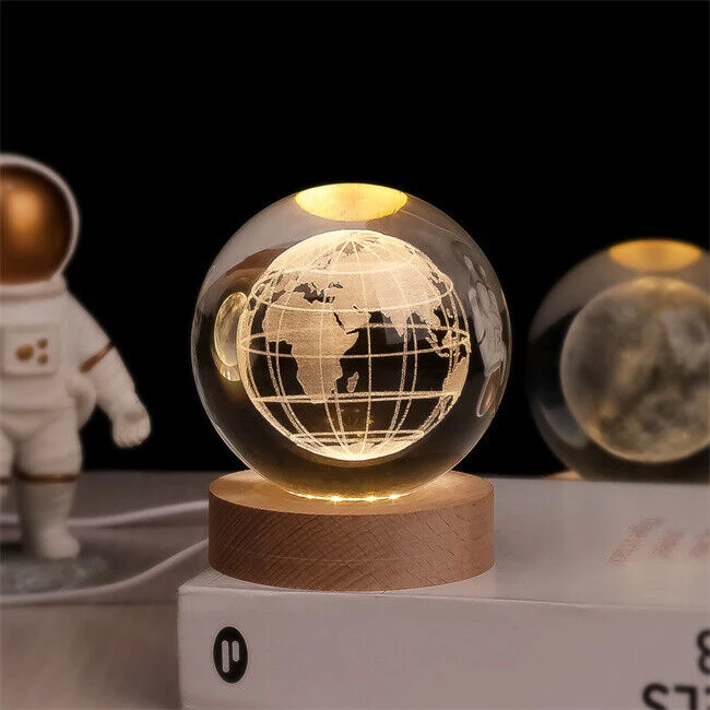 3D Glazen Bol Nachtlampje met Houtvoet USB Led Verlichting Sterrenhemel Planeet Sfeerverlichting Slaapkamer | Sansoti