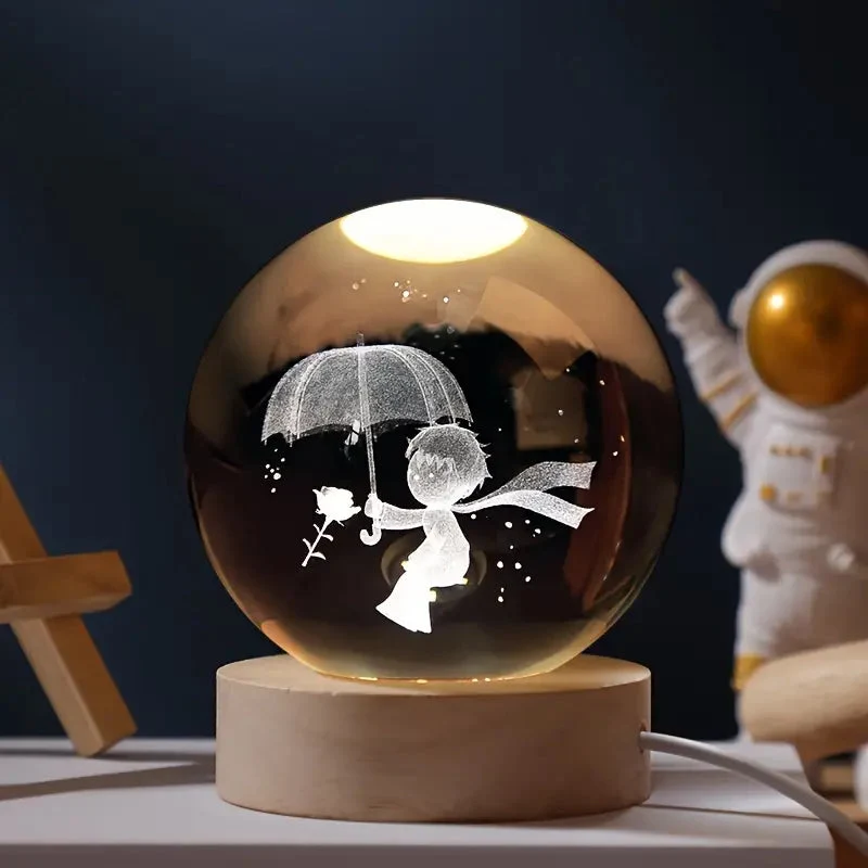 3D Glazen Bol Nachtlampje met Houtvoet USB Led Verlichting Sterrenhemel Planeet Sfeerverlichting Slaapkamer | Sansoti