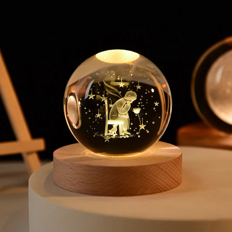 3D Glazen Bol Nachtlampje met Houtvoet USB Led Verlichting Sterrenhemel Planeet Sfeerverlichting Slaapkamer | Sansoti
