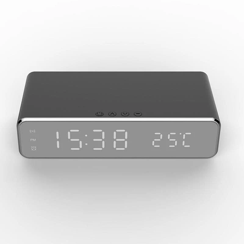 Digitale Wekker met Draadloze Oplader voor Smartphone Nachtkastje Groot LED Display Slaapkamer Zwart Grijs | Sansoti