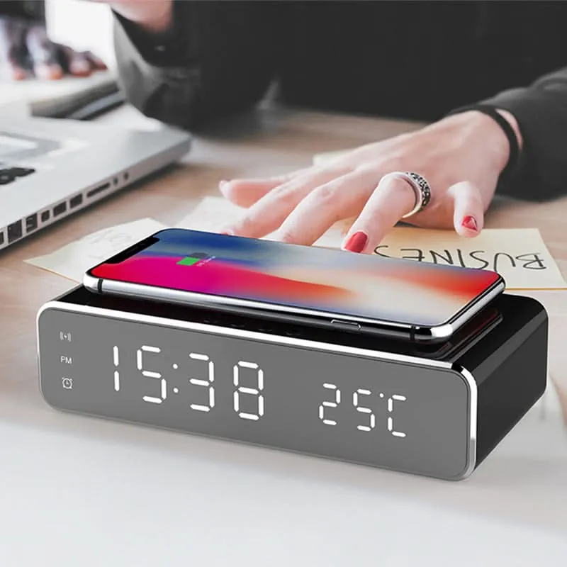 Digitale Wekker met Draadloze Oplader voor Smartphone Nachtkastje Groot LED Display Slaapkamer Zwart Grijs | Sansoti