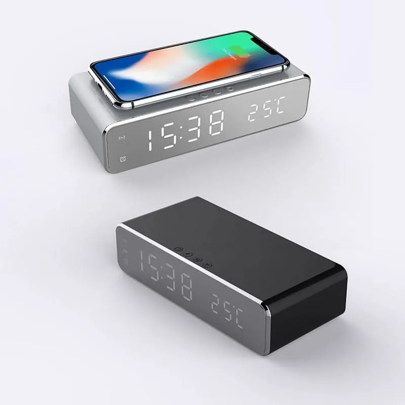 Digitale Wekker met Draadloze Oplader voor Smartphone Nachtkastje Groot LED Display Slaapkamer Zwart Grijs | Sansoti