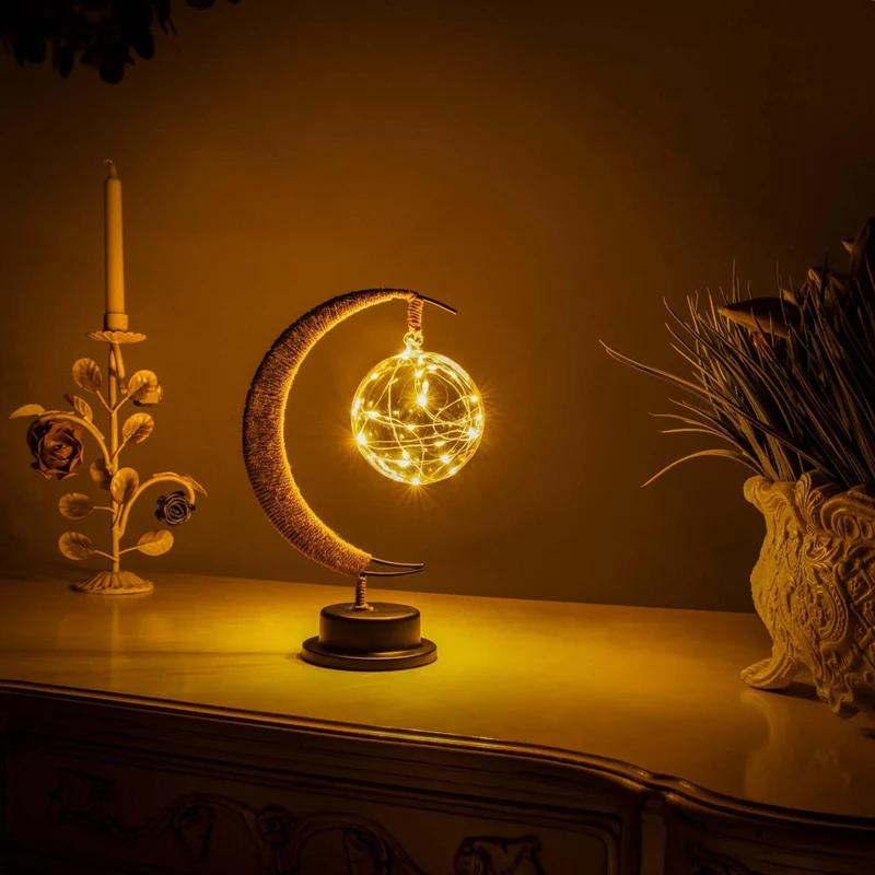 Maanvormige Tafellamp met Hangbol LED Verlichting Warm Wit Sfeerlamp op Batterij Decoratief voor Slaapkamer | Sansoti