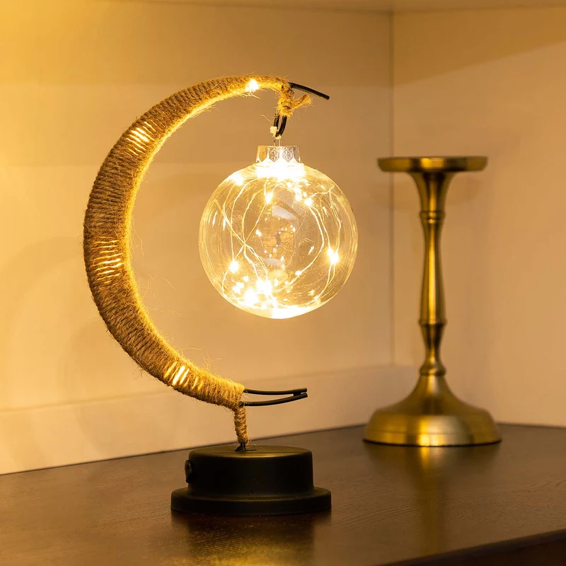Maanvormige Tafellamp met Hangbol LED Verlichting Warm Wit Sfeerlamp op Batterij Decoratief voor Slaapkamer | Sansoti