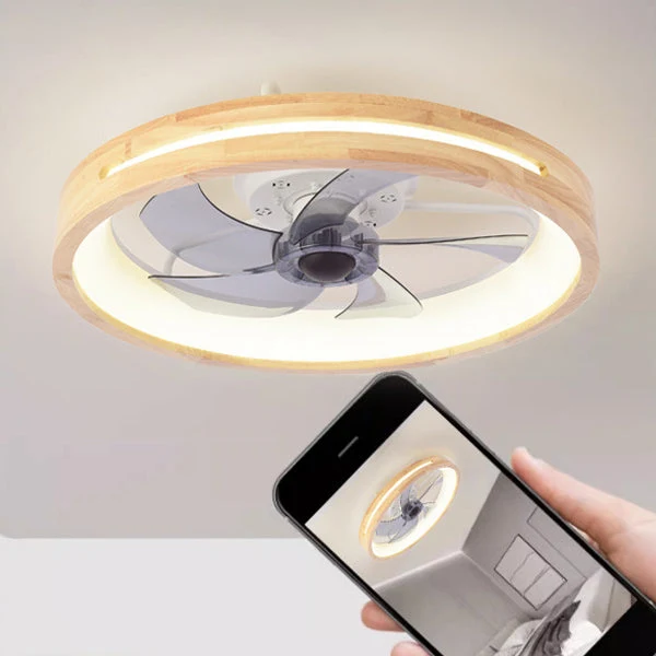 Plafondventilator met LED Verlichting Rond Massief Hout Dimbaar Japans Design voor Slaapkamer en Woonkamer | Sansoti