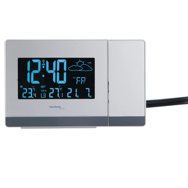 Funkwecker - Projektion von Zeit und Temperatur - Inkl. Außensensor - Wettervorhersage - Datum - Technoline WT 549