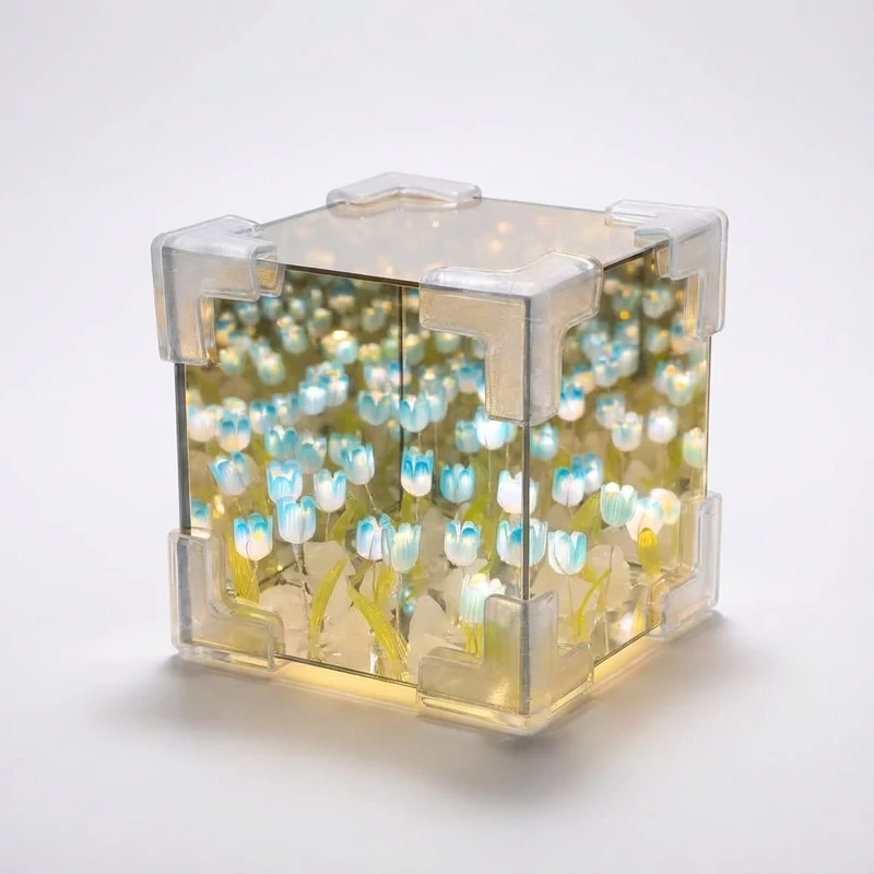 Spiegelende Kubische Tafellamp met Oneindige Bloemenreflectie Dimbare LED Sfeerverlichting Woonkamer | Sansoti