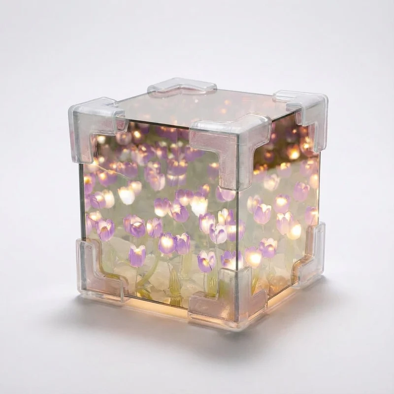 Spiegelende Kubische Tafellamp met Oneindige Bloemenreflectie Dimbare LED Sfeerverlichting Woonkamer | Sansoti