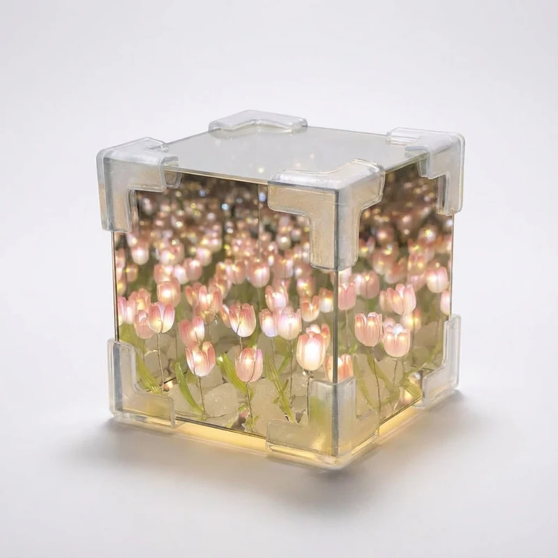 Spiegelende Kubische Tafellamp met Oneindige Bloemenreflectie Dimbare LED Sfeerverlichting Woonkamer | Sansoti