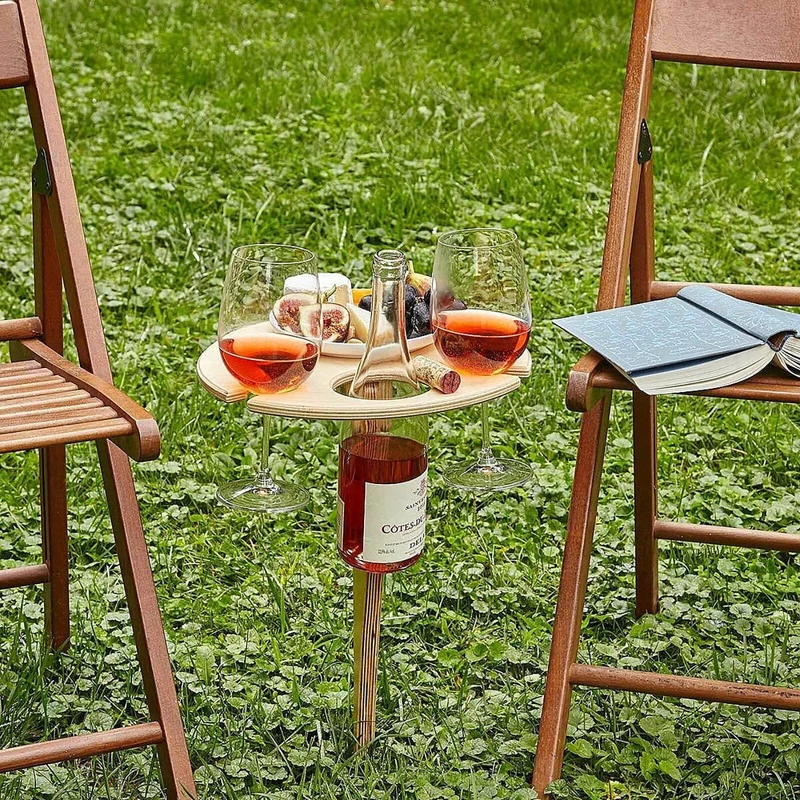 Houten Picknicktafel met Wijnhouder voor Buitengebruik Tuin Strand Camping Opvouwbaar Draagbaar Wijntafel Graspin Romantisch Outdoor Diner | Sansoti