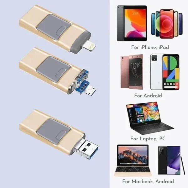 4-in-1 USB-Stick met Meervoudige Aansluitingen Zwart Zilver Goud Roze voor Smartphone Tablet Laptop iPhone Android | Snelle Datatransfer Opslagstick Universele Compatibiliteit iOS Windows Mac Backup | Sansoti