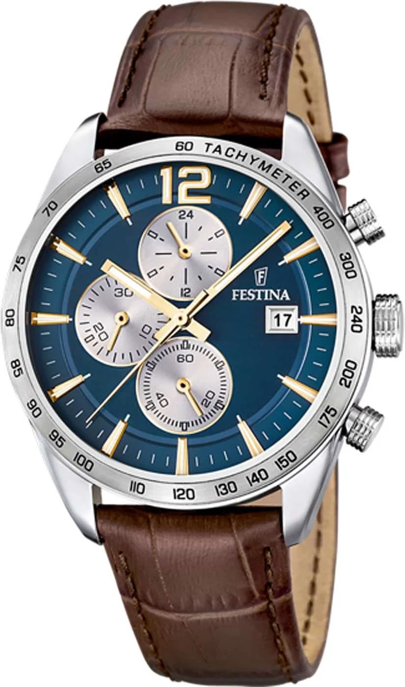 Festina Timeless Chronograph F16760/7 Herrenuhr • Blaues Zifferblatt • Lederarmband