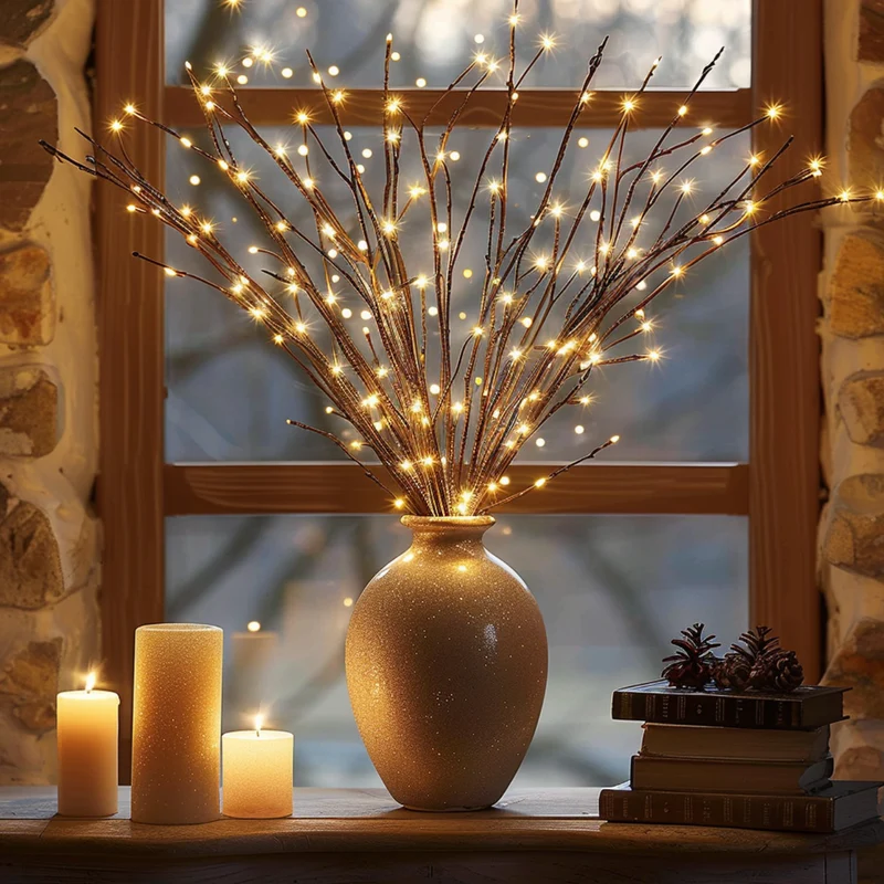 Verlichte Wilgentakken 77cm LED Batterij Tafellamp Vaas Decoratie Warm Wit Licht Woonkamer Slaapkamer | Sansoti