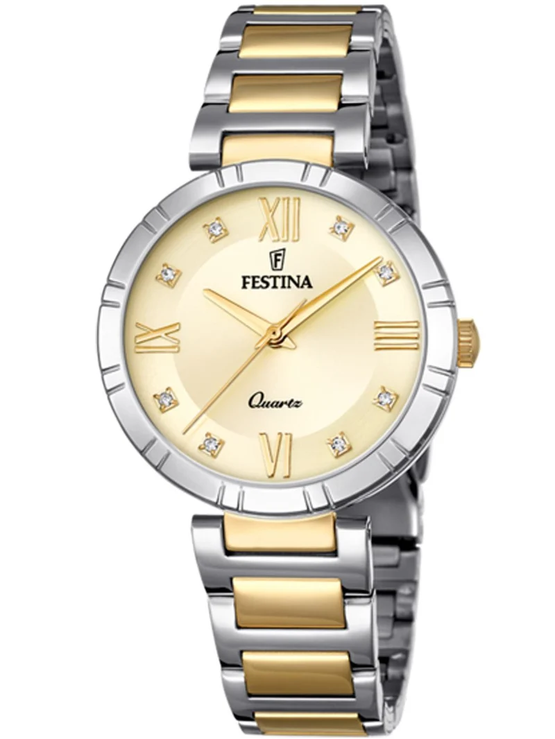 Festina Mademoiselle F16937/B Damenuhr Silber • Gehärtetes Mineralglas • Goldenes Zifferblatt