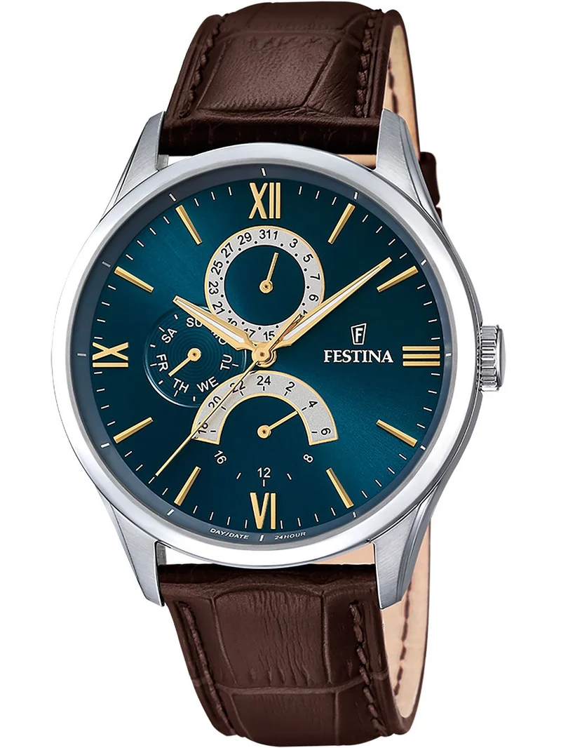 Festina F16823/A Retro Herrenuhr Blau • Blaues Zifferblatt mit Multifunktion • Braunes Lederarmband