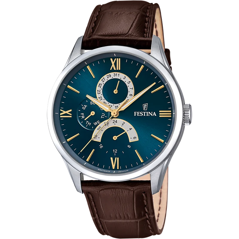 Festina F16823/A Retro Herrenuhr Blau • Blaues Zifferblatt mit Multifunktion • Braunes Lederarmband
