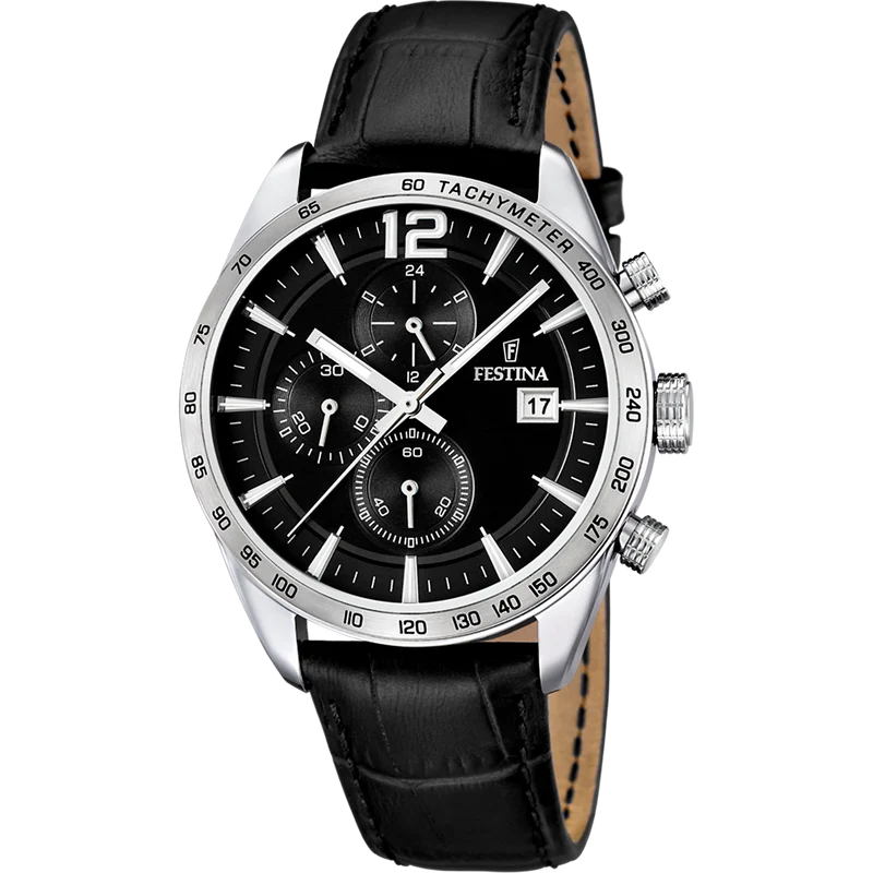Festina Timeless Chronograph F16760/4 Herrenuhr Schwarz • Miyota Quarzwerk • Schwarzes Lederarmband