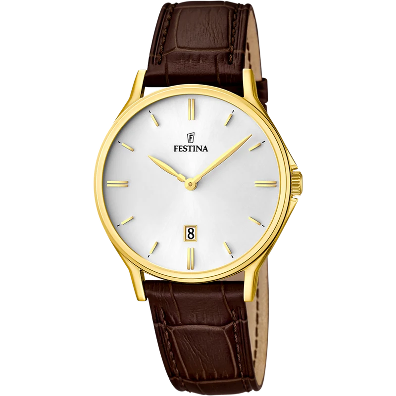 Festina Classics F16747/1 Herrenuhr • Weißes Zifferblatt • Braunes Lederarmband