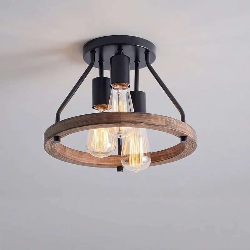 Plafondlamp Hout Metaal 3-Lichts Instelbaar Landelijk Industrieel Sfeervol Rustiek Plafondverlichting | Sansoti