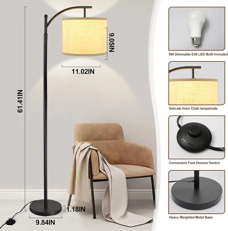 Boog Vloerlamp Met Stoffen Kap 3 Lichtkleuren LED Modern Woonkamer | Sansoti