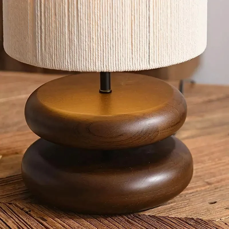 Tafellamp Hout Textiel Donker Bruin Rond Design Nachtkastje | Sansoti