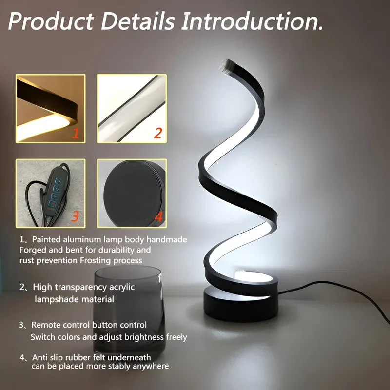 Tafellamp LED Spiraal Dimbaar 3 Lichtkleuren USB Aluminium Zwart | Sansoti